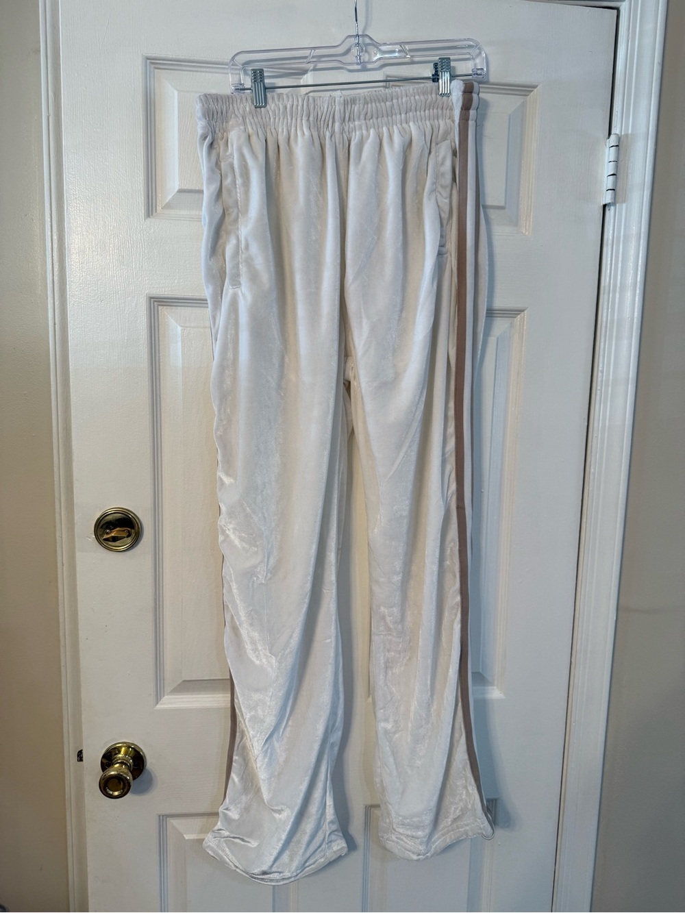 Godbody White Velvet Lounge Pants with Taupe Elastic Waist